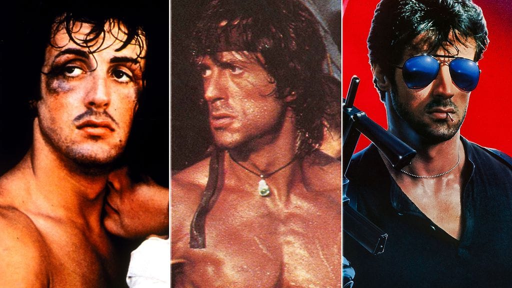 Sylvester Stallonen merkittävimpiä elokuvia: Rocky, Rambo ja Cobra.