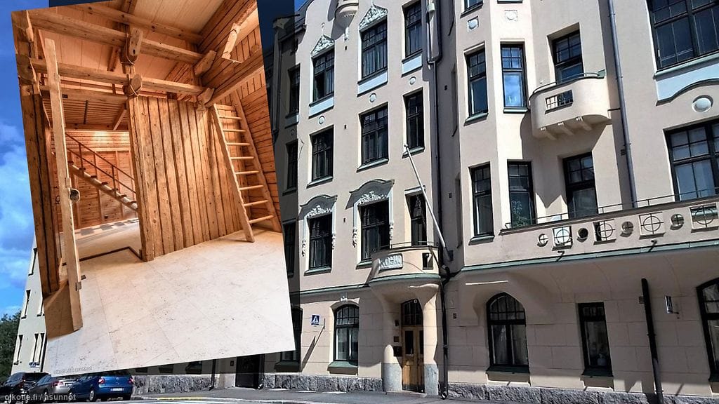 Helsingin Katajanokalla on myynnissä yksiö, joka on vuorattu hirsillä. Asunto muistuttaa sisältä äkkiseltään kesämökkiä.
