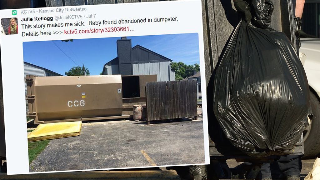 Vauvan löytäjän mukaan yhdeksän kuukauden ikäinen tyttövauva oli hautautunut noin neljän tai viiden roskapussin alle. Kuvakaappaus Twitteristä.