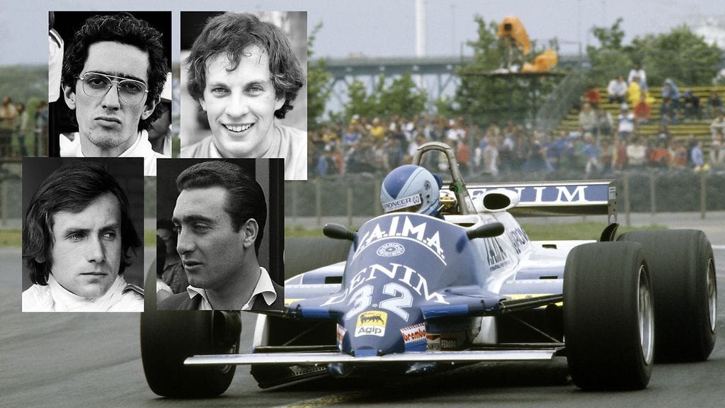 Riccardo Paletti (ylh. vas.), Tony Brise, Helmuth Koinigg (alh. vas.) ja Eugenio Castellotti.