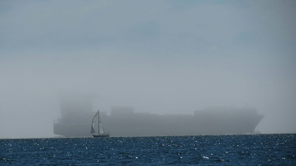 Leena Lehtiniemi kuvasi rahtilaivan merisumun keskellä Vuosaaressa.