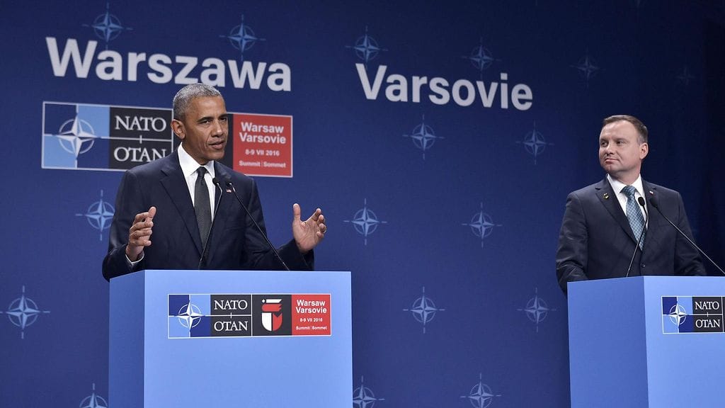 Yhdysvaltain presidentti Barack Obama ja Puolan presidentti Andrzej Duda Varsovan Nato-huippukokouksen lehdistötilaisuudessa.