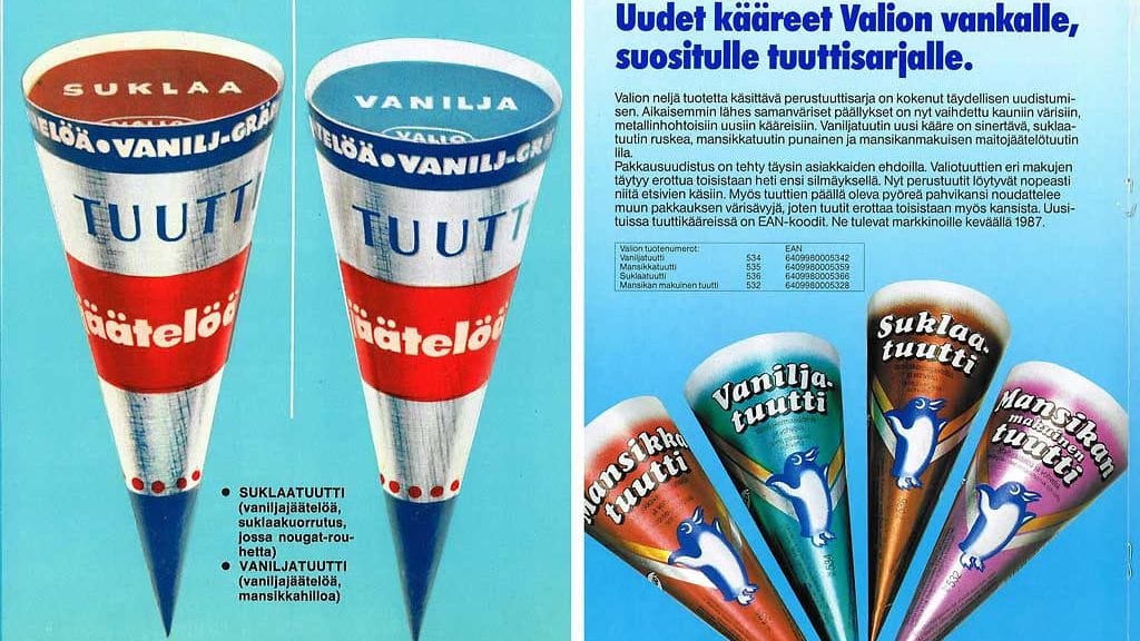 Vasemmalla 1960-luvulla myyntiin tullut Valion Suklaatuutti. Oikealla kuva vuodelta 1987, jolloin pakkaukset uudistettiin.
