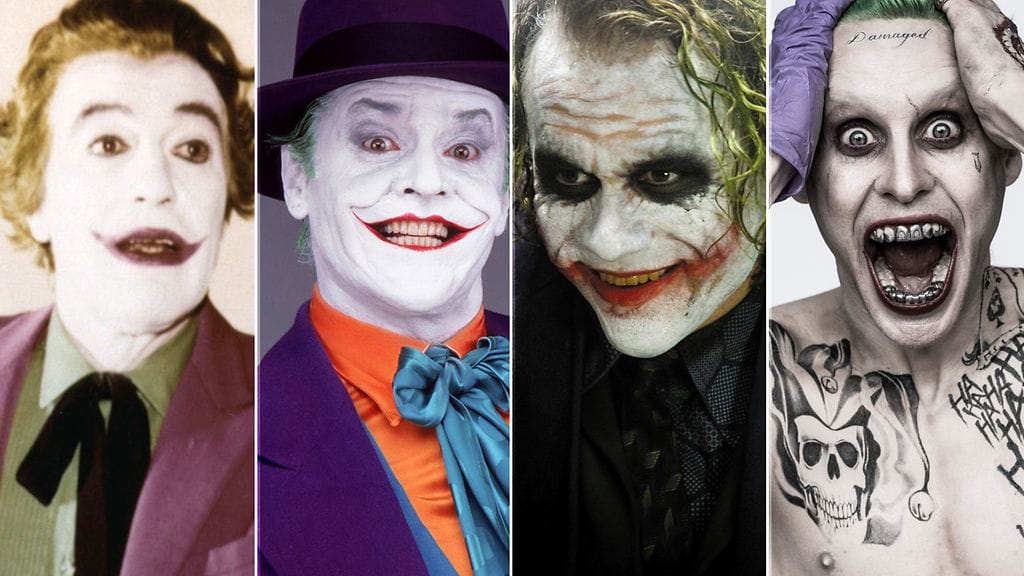 Batmanin arkkivihollinen Jokeri valkokankailla vuosien saatossa (vasemmalta oikealle): Cesar Romero (1966), Jack Nicholson (1989), Heath Ledger (2008) ja Jared Leto (2016).