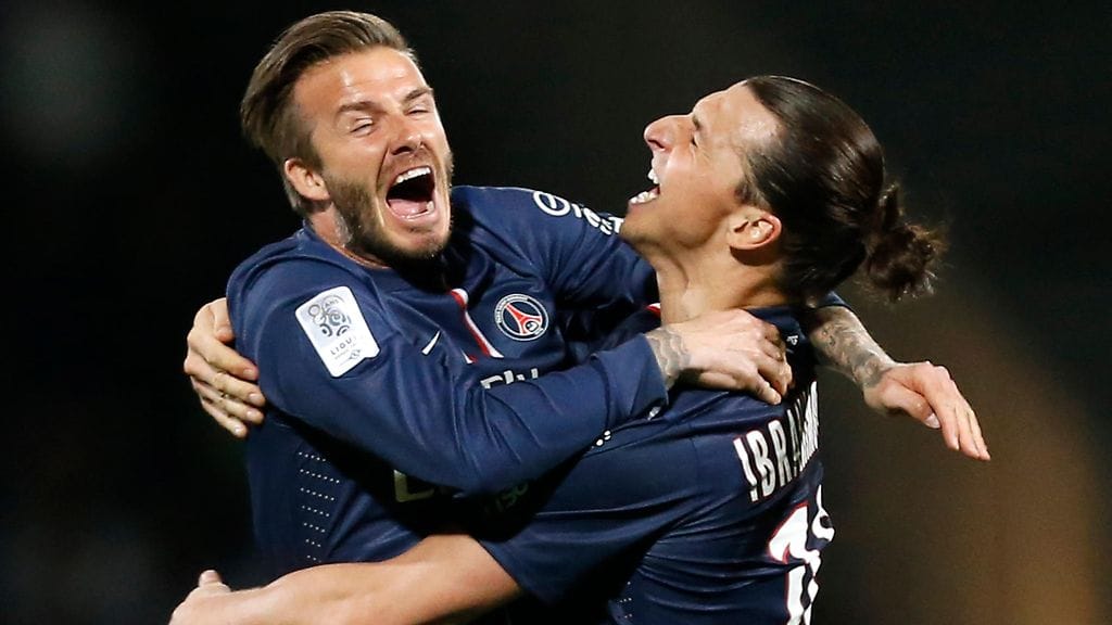David Beckham ja Zlatan Ibrahimovic juhlivat Ranskan mestaruutta PSG:ssä 2013.