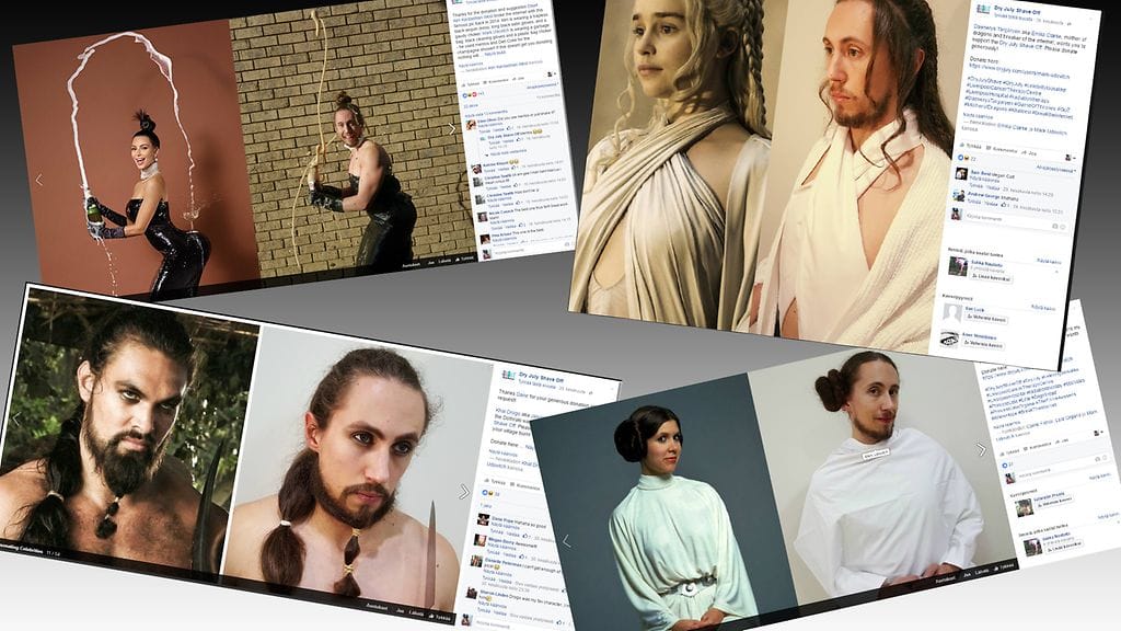 Kuvakooste Dry July Shave Off -kampanjan Facebook-sivulta.