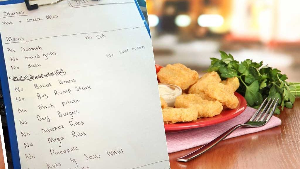 Kuvakaappaus: Mirror. Surkuhupaisa menu osoittaa, että lähes kaikki annokset olivat lopussa ravintolasta.