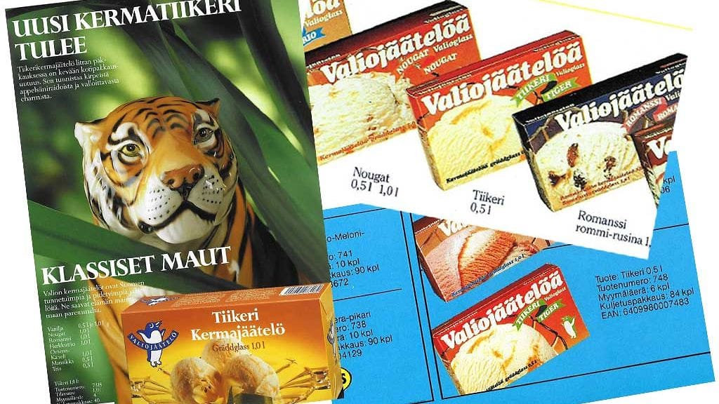 Tällaisissa pakkauksissa tiikerijäätelöä ihasteltiin 1980-luvulla.