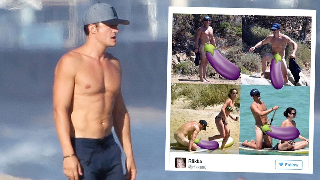 Orlando Bloom riisui kaiken ja sai Twitterin repeilemään liitoksistaan. Kuva kaapattu Twitteristä.