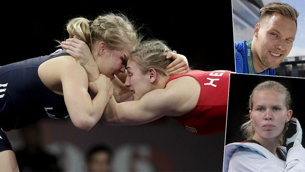 Isossa kuvassa Petra Olli (vas.), vastassaan Ukrainan Oksana Hernel. Pienissä kuvissa Matti Mattsson ja Suvi Mikkonen.