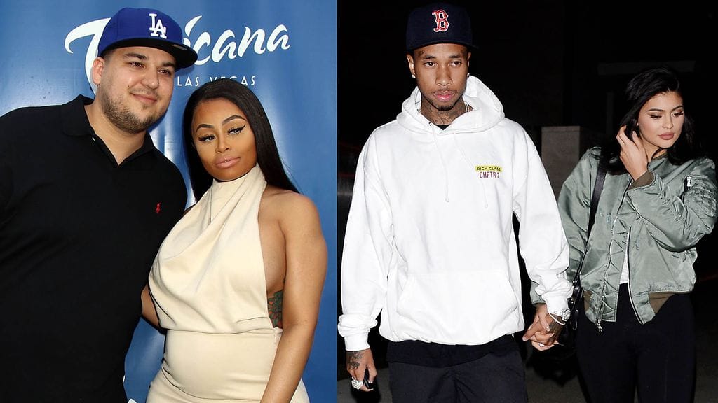Rob Kardashian ja hänen kihlattunsa Blac Chyna. Oikealla kuvassa Tyga ja Kylie Jenner.