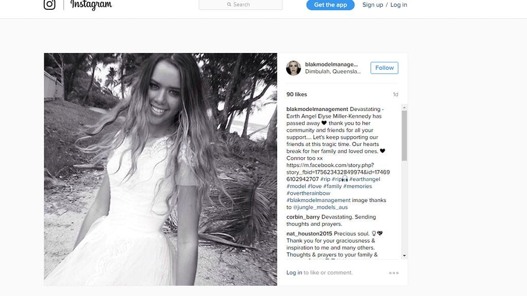 Elyse Miller-Kennedy on kuollut. Kuvakaappaus BLAK Model managementin Instagramista.