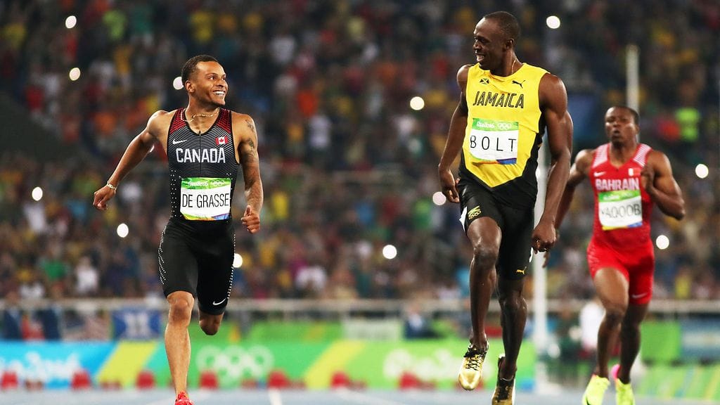 Andre de Grassella ja Usain Boltilla oli hauska hetki kisan lopussa.
