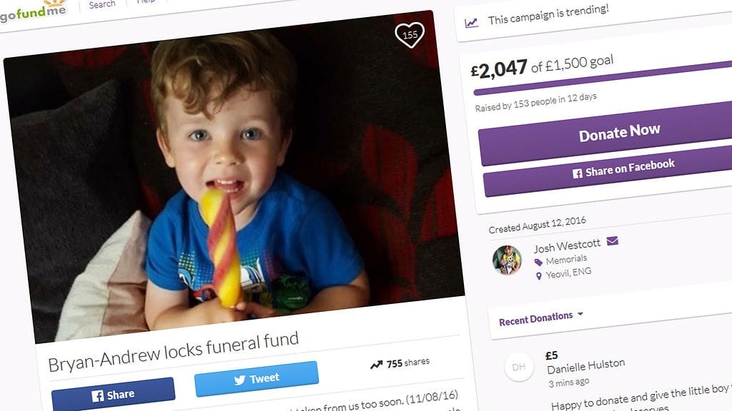 Kuvakaappaus GoFundMe-sivustolta, jossa perhe kerää varoja poikansa hautajaisten järjestämiseen.