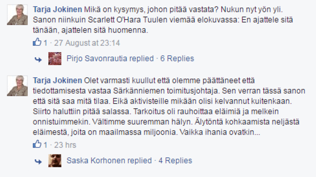 Särkänniemen hallituksen jäsen Tarja Jokinen kommentoi delfiineistä noussutta kohua Facebookissa 3