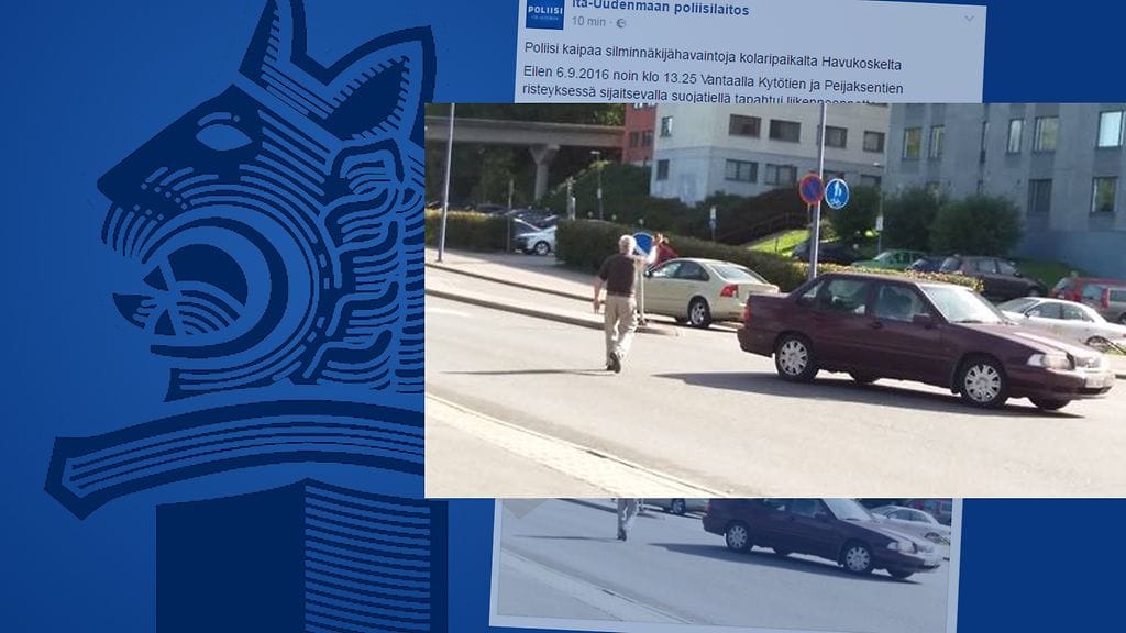Poliisi pyytää henkilöautoa kuljettanutta miestä (kuvassa takana vasemmalla) ilmoittautumaan Itä-Uudenmaan poliisille tapahtuman selvittämistä varten. Kuvassa etualalla näkyvä tumma Volvo tai kättään heiluttava mies eivät liity tapaukseen.