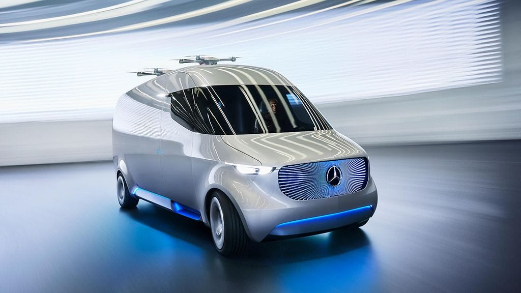 Sähköpakettiauto pitää sisällään kaksi lennokkia, jotka voivat toimittaa paketteja.