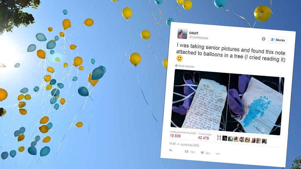 Ilmapalloon sidottu koskettava viesti on tavoittanut Twitterin kautta jo kymmeniä tuhansia ihmisiä.
