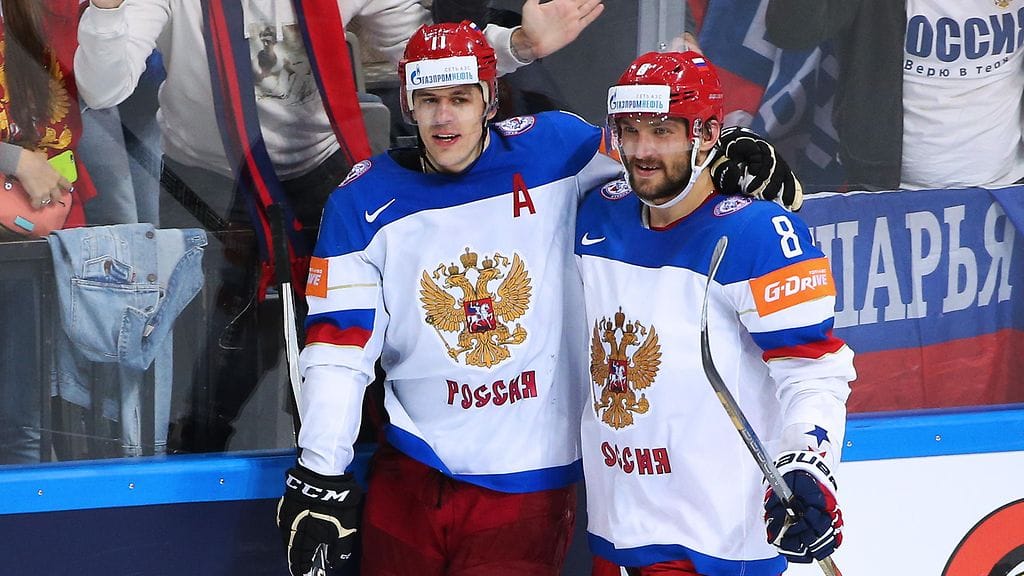 Jevgeni Malkin ja Aleksandr Ovetshkin MM-kisoissa keväällä 2015.