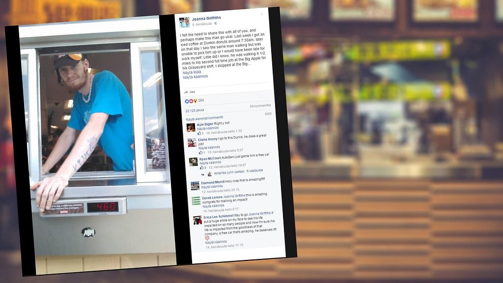 Nainen tapasi tiskin takana saman miehen hakiessaan aamukahvia ja myöhemmin iltapalaa.