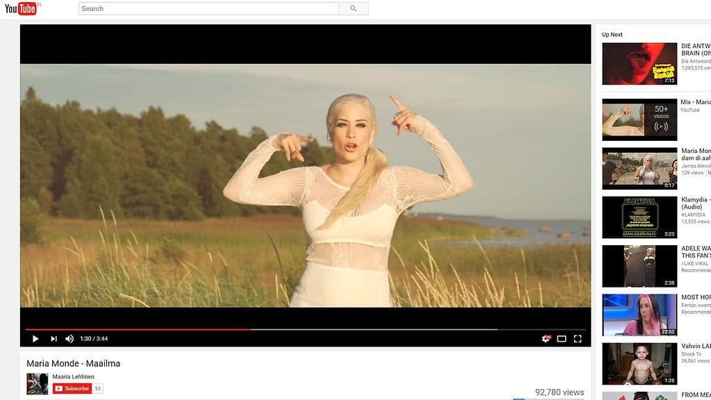 Maria Monden videota on katsottu tiistaiaamuun mennessä jo yli 90 000 kertaa. Kuvakaappaus Youtubesta.