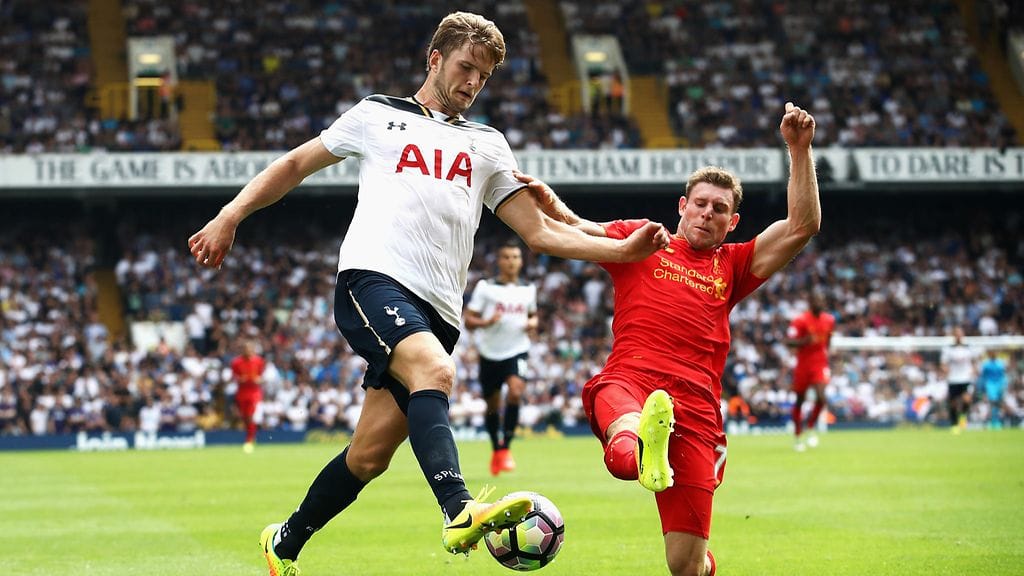 Eric Dier taistossa Liverpoolin James Milnerin kanssa.