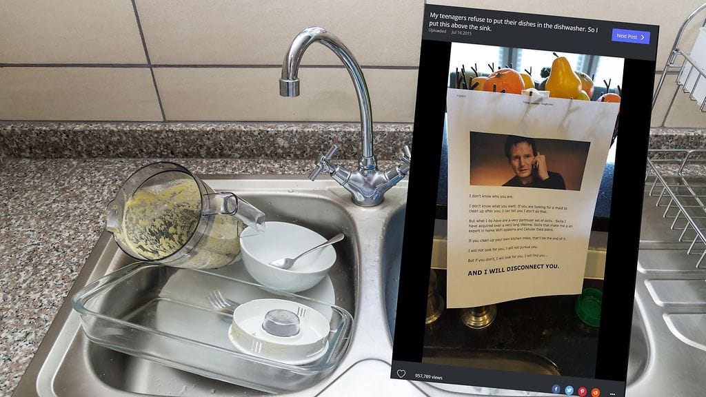 Isä toivoo, että tiskialtaan päälle jätetty viesti saisi hänen teini-ikäiset lapset korjaamaan itse omat jälkensä.