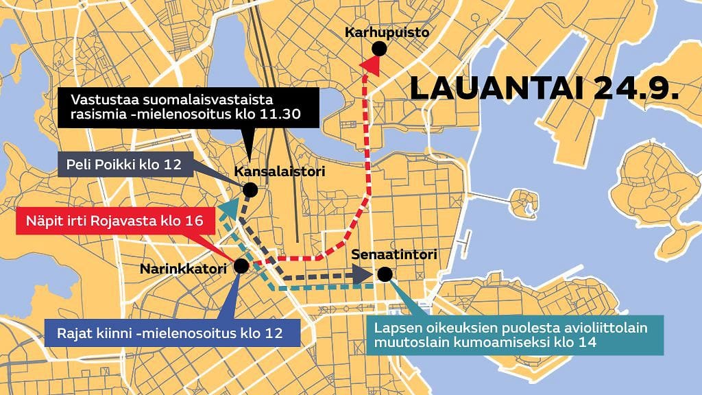 Huomiset mielenosoitukset Helsingin keskustassa vetävät poliisin mukaan todennäköisesti tuhansia ihmisiä.