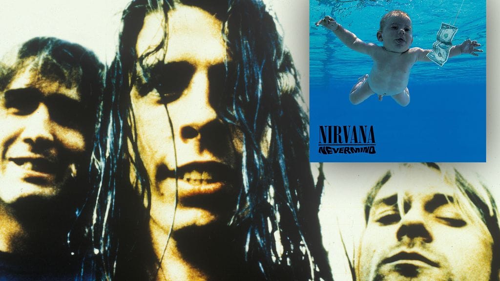 Nirvana eli Krist Novoselic, Dave Grohl ja Kurt Cobain sekä Nevermind-albumin kansi vuodelta 1991.