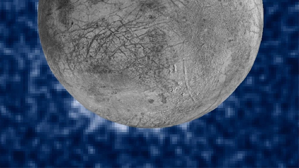 Kuvassa vasemmassa alalaidassa näkyy Europa-kuusta purkautuva valtaisa vesipatsas.