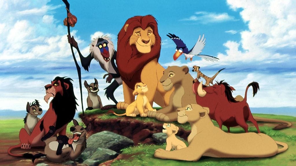Leijonakuningas ystävineen vuoden 1994 animaatiohittielokuvassa.