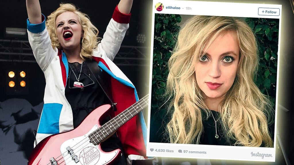 Vasemmalla Elli Haloo lavalla Provinssirockissa kesällä 2014. Oikeanpuoleinen kuva herätti yhtyeen fanien huomion.