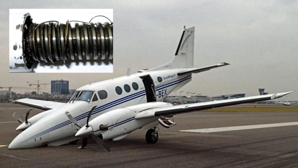 Onnettomuustutkintakeskuksen raportin kuvissa voi nähdä rikkoutuneen ruuvin sekä sen, millaiseen asentoon lentokone jäi laskeutumisensa jälkeen Helsinki-Vantaan lentoasemalla.