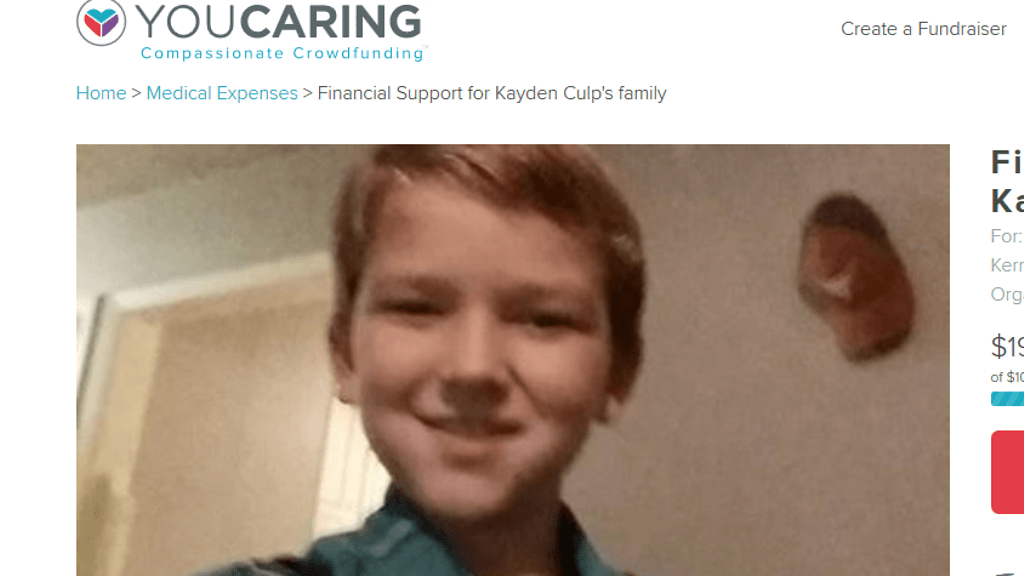 Kymmenenvuotias Kayden Culp sai pahoja palovammoja mahdollisesti tahallisen teon seurauksena. Kuvakaappaus youcare.com-sivustolta.