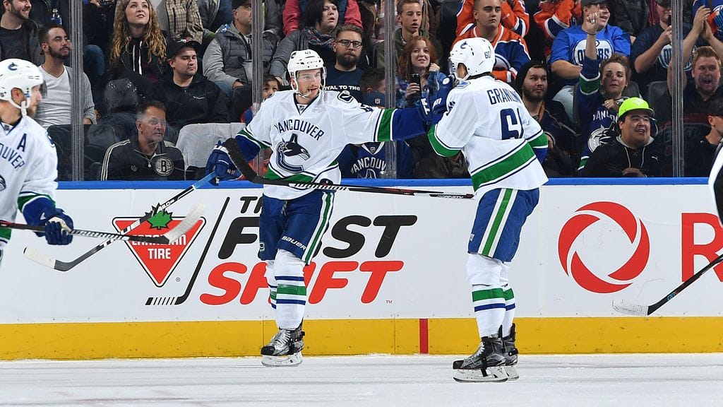 Markus Granlund onnittelemassa Sven Baertschiä 2-2-tasoituksesta.