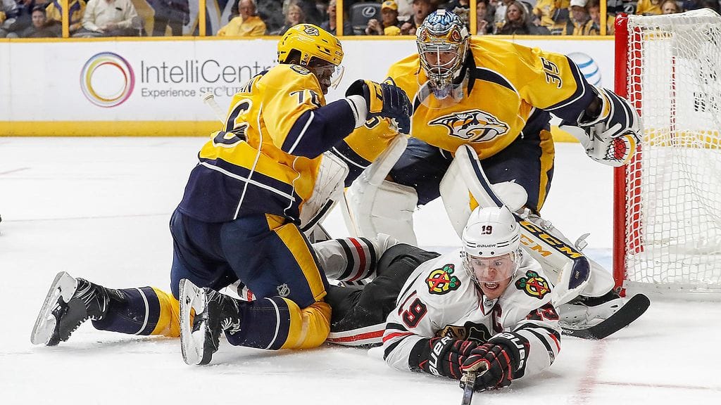 P.K. Subban ja Pekka Rinne varjelemassa Nashvillen maalia.