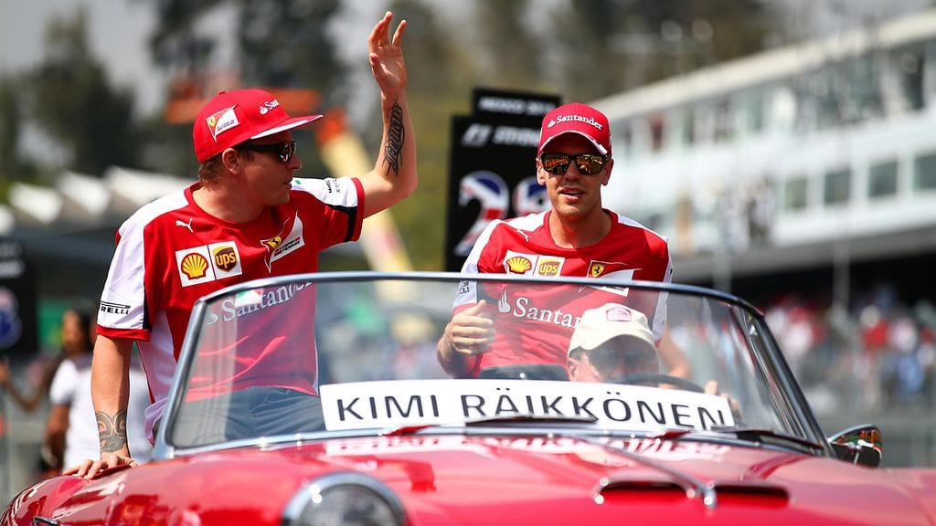 Kimi Räikkönen ja Sebastian Vettel Meksikossa vuosi sitten.