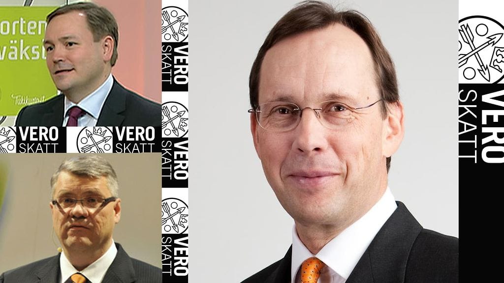 Suuryrityspomoista ylivoimaisesti eniten rahaa kilahti Sampo-konsernin Kari Stadighin (oik.) tilille. Elisan Veli-Matti Mattilan (ylh. vas.) ja UPM-Kymmenen Jussi Pesosen (alh. vas.) tulot nousivat viime vuodesta selvästi.