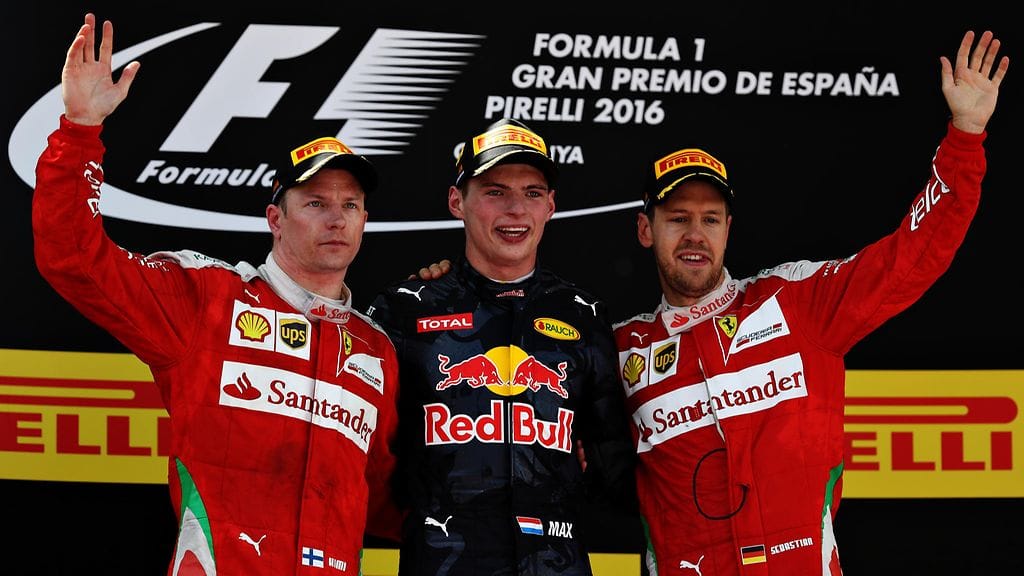 Kimi Räikkönen, Max Verstappen ja Sebastian Vettel nousivat palkintokorokkeelle Espanjassa toukokuussa.
