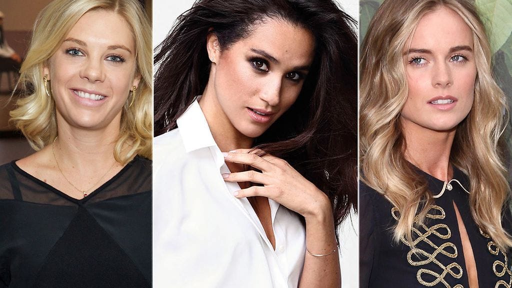 Prinssi Harryn nykyinen tyttöystävä Meghan Markle (keskellä) sekä entiset tyttöystävät Chelsy Davy (vasemmalla) ja Cressida Bonas (oikealla).