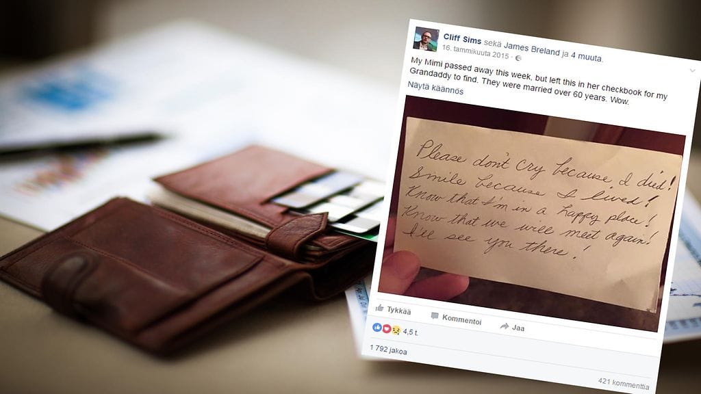 Vaimo jätti puolisonsa löydettäväksi viestin, jonak hän toivoi puolisonsa löytävän vasta hänen kuolemansa jälkeen.