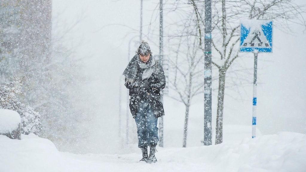Myös tukholmalaiset ovat saaneet oman osansa marraskuisesta lumisateesta. Kuva on tältä päivältä Sundbybergistä Tukholman läheltä.