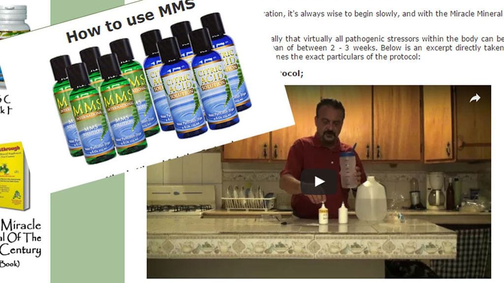 Kuvakaappaus MMS-ainetta markkinoivalta sivustolta. Sivut markkinoivat myös muita tuotteita, joita lahkon perustaja Jim Humble markkinoi.