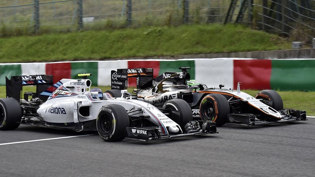 Valtteri Bottas ja Force Indian Nico Hülkenberg ottivat mittaa toisistaan Japanissa lokakuussa.