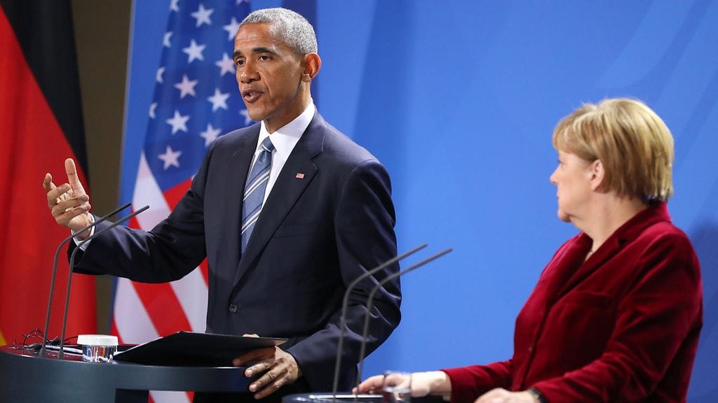 Merkel ja Obama yhteisessä tiedotustilaisuudessa Saksassa 17.11.2016.