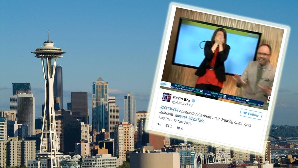 Seattle-kuvituskuva ja twiitti nolostuneesta uutisankkurista.
