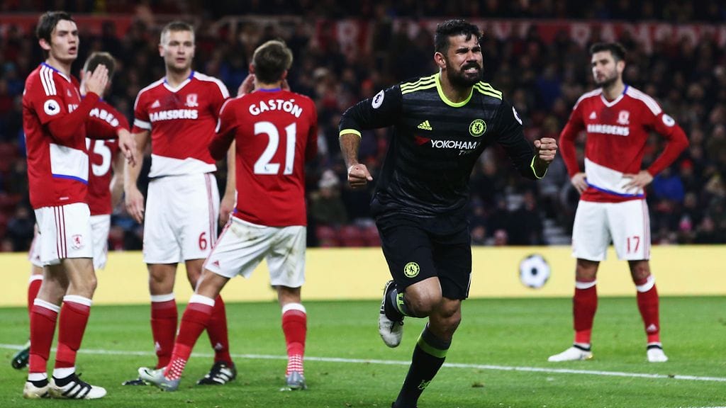 Diego Costa tuulettaa valioliigakauden 10. osumaansa.