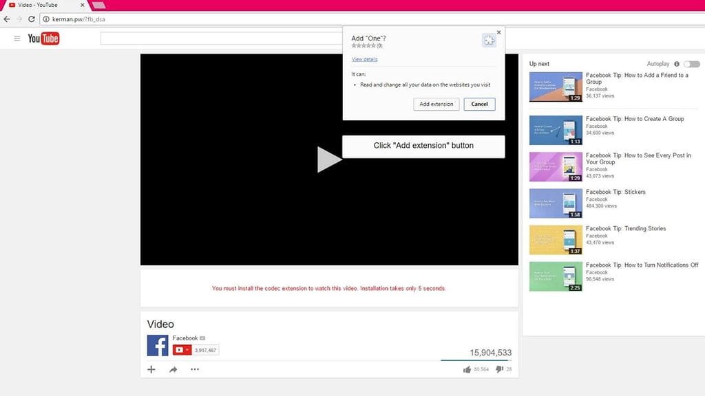 "Kaverin" lähettämää kuvaa klikkaamalla päätyy YouTubeksi naamioidulle sivustolle. Kuvakaappaus Bleedingcomputer.com-sivustolta.