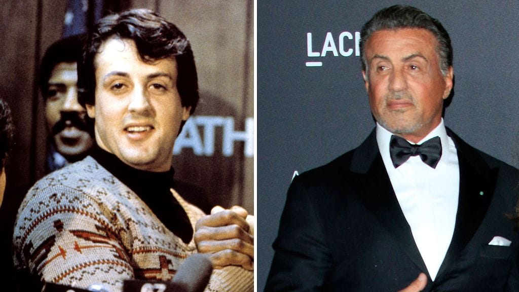 Sylvester Stallone vuonna 1976 Rocky-elokuvien tultua ensi-iltaan (vas.) ja vuonna 2016 40 vuotta myöhemmin (oik.).