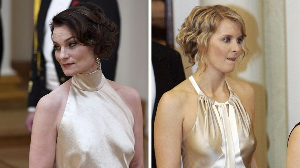 Jonna Järnefelt Linnan juhlissa vuonna 2016 ja Jonna Tervomaa samoissa juhlissa vuonna 2004.